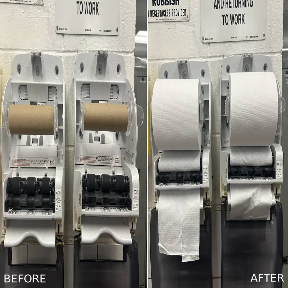 Clean washroom and supply details for a commercial venue