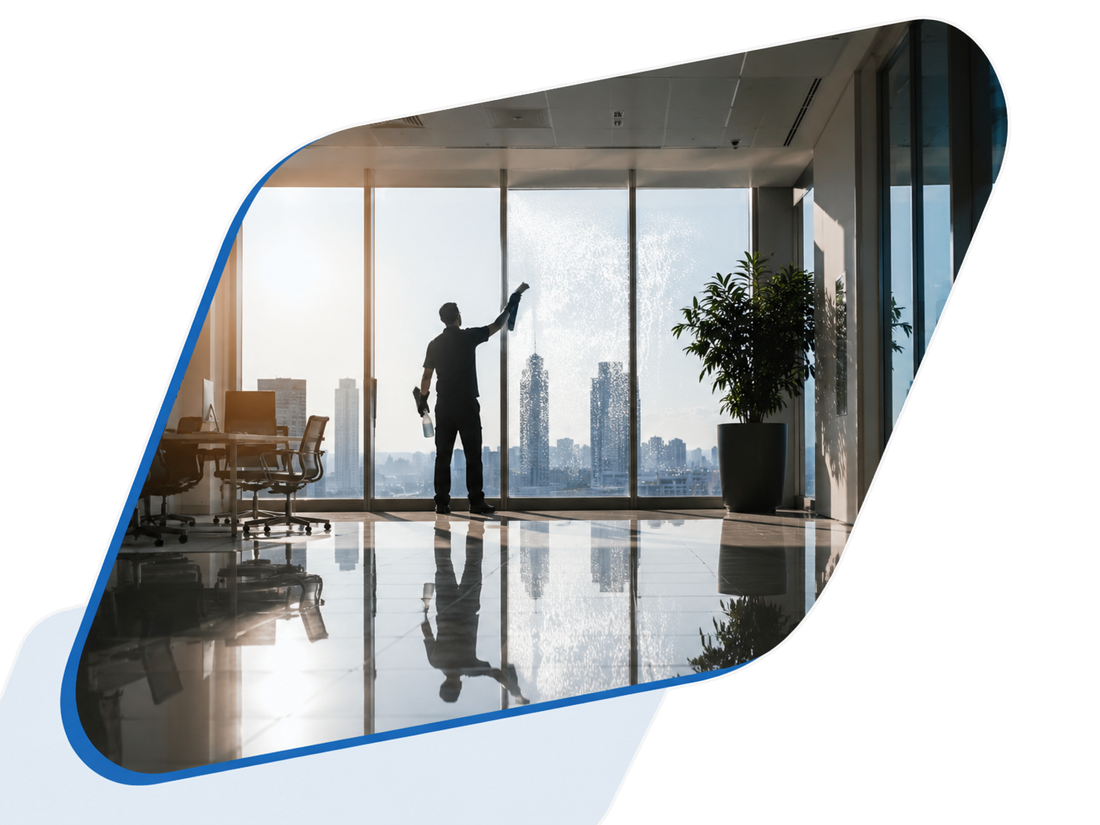 Cleaning windows in a bright office