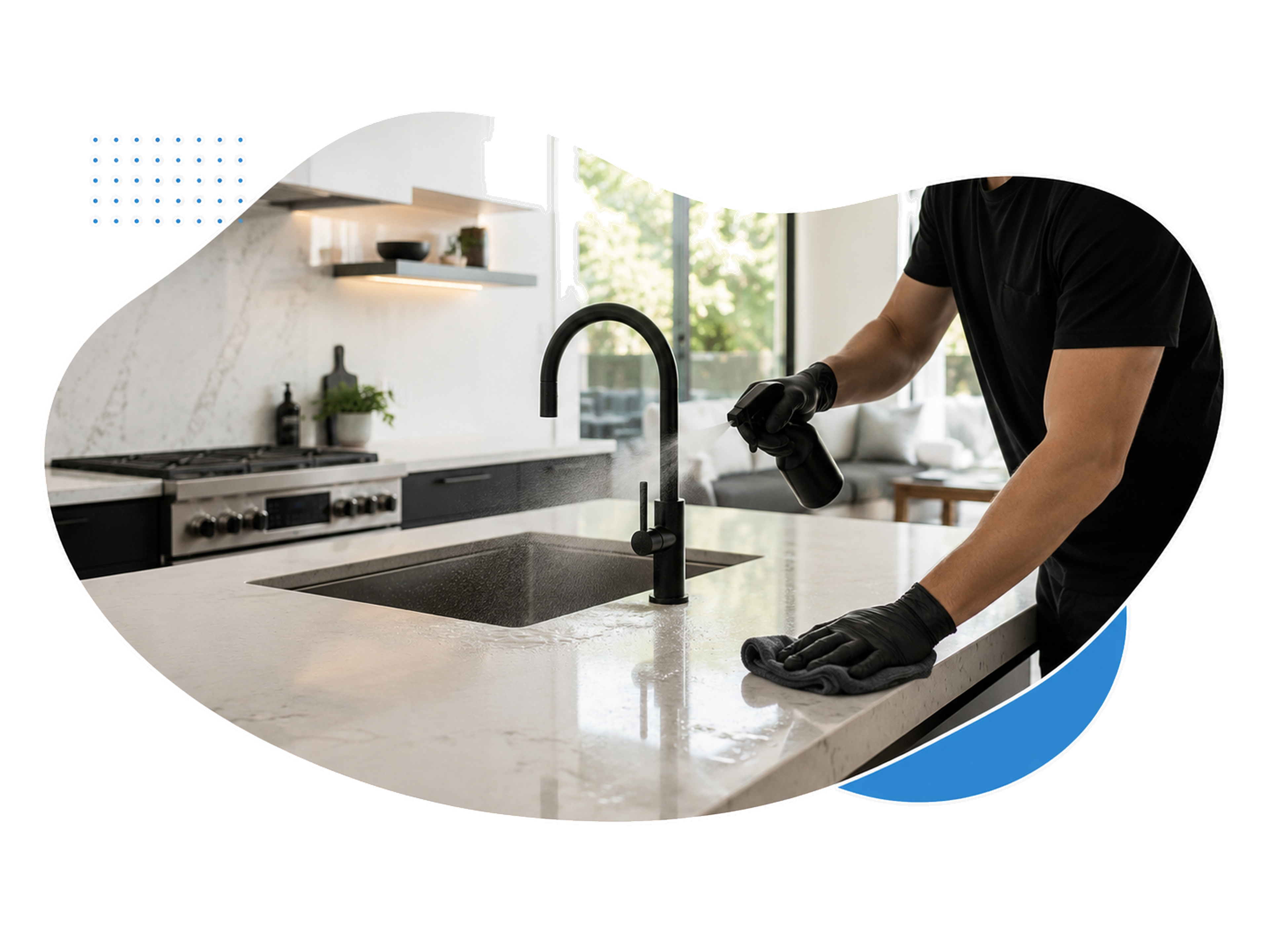 Cleaning a kitchen sink and countertop